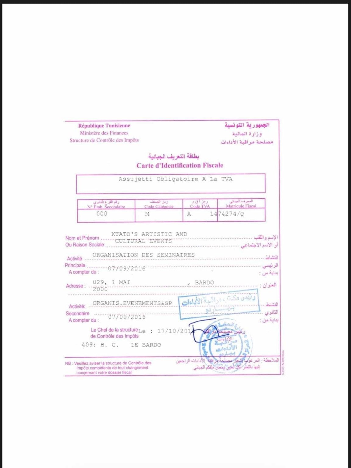 Justificatif de création de la société